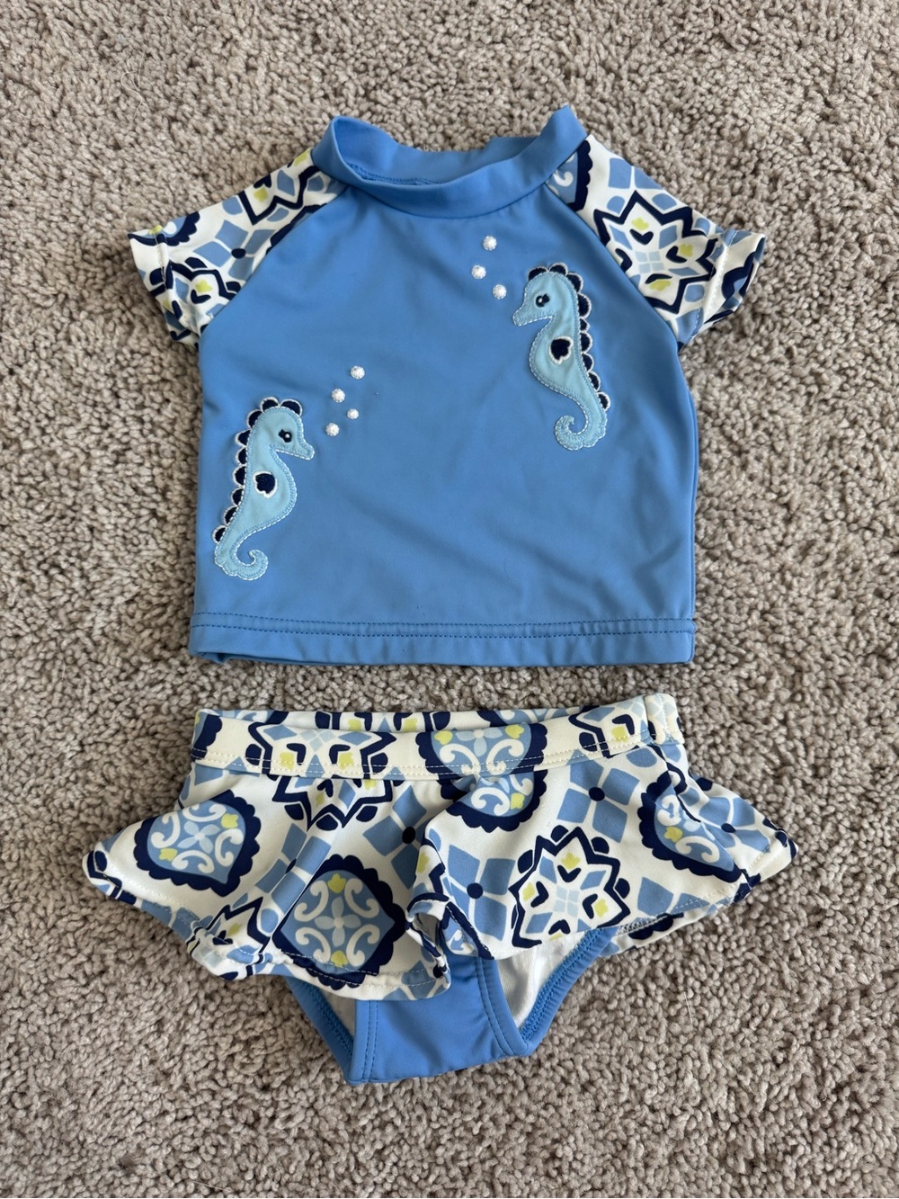 Gymboree 2pc Infant Swim Rashguard Skirt Seahorse Blue 3-6m Baby Suit